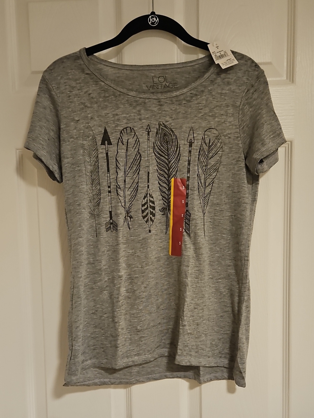 L.O.L. Vintage Grey Tee with Black Feather & Arrow Graphic